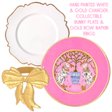 Hand Painted White & Gold Charger, Collectible Bunny Plate & Gold Bow Napkin Rings