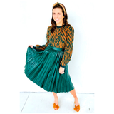 Emerald Green Leather Pleated Midi Skirt & Bow Back Puff Sleeve Top SET