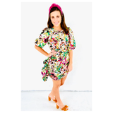 Ivory Green Magenta Multi Floral Puff Sleeve Ruched Dress with Asymmetrical Front Ruffle