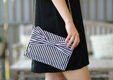 Black White Cabana Stripe Canvas Bow Clutch OR Purse with Gold Chain & Hardware