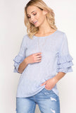 Ice Blue OR Rose 1/2 Sleeve Woven Top with Ruffle Sleeves