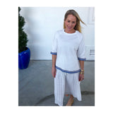 White Knit Three Quarter Sleeve High Low Top with GROSGRAIN RIBBON Trim