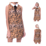 Camel Leopard Print Scalloped Hem Dress with Shirt Collar & DETACHABLE Black Collar Ribbon