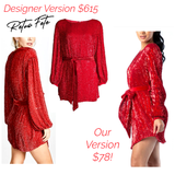 Designer Inspired Red Sequin Balloon Sleeve Dress with Velvet Belt & Keyhole Back
