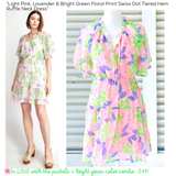 Light Pink, Lavender & Bright Green Floral Print Swiss Dot Tiered Hem Ruffle Neck Dress