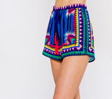 Electric Blue Aztec Shorts with Red Tassel Ties