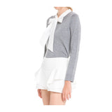 Grey Fine Knit Bow Tie Top with Ribbed Waist, Sleeve & Neck Hem Contrast