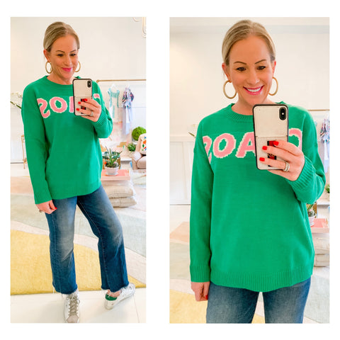 Kelly Green & Embroidered Pink Knit CHAOS Sweater