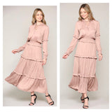 Blush Ulla Inspired Smocked Ruffle Waist Midi Dress with Optional Tassel Tie