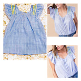 Blue Flutter Sleeve Top With Yellow Smocking Shoulder Embroidery