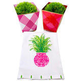 Pink Chinoiserie Palm Kitchen or Guest Towel with Hand Painted Stripes