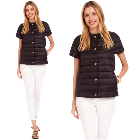 Black Water Resistant Audrey Puffer Vest with Gold Buttons & Inseam Pockets