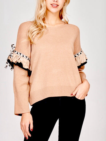 Taupe Knit Sweater with Black Ruffle Sleeve and Ribbon Detail