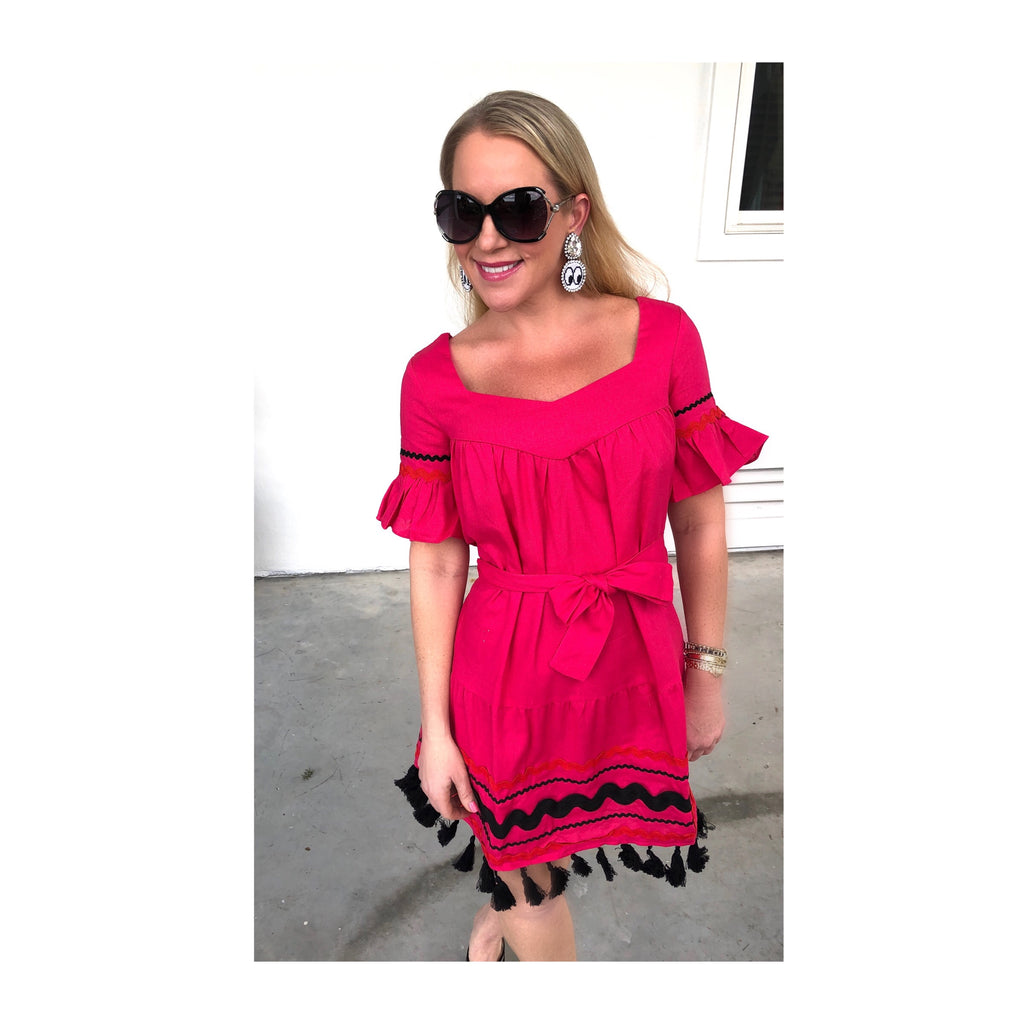 Magenta Bell Sleeve Belted Dress with Ric Rac Embroidery & Tassel Hem ...