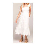 White Eyelet Smocked Ruffle Hem Midi Dress with Shoulder Ties