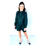 Forest Green Subtle Cheetah Print Dress with Ruffle Bust Trim & Gold Button Detail