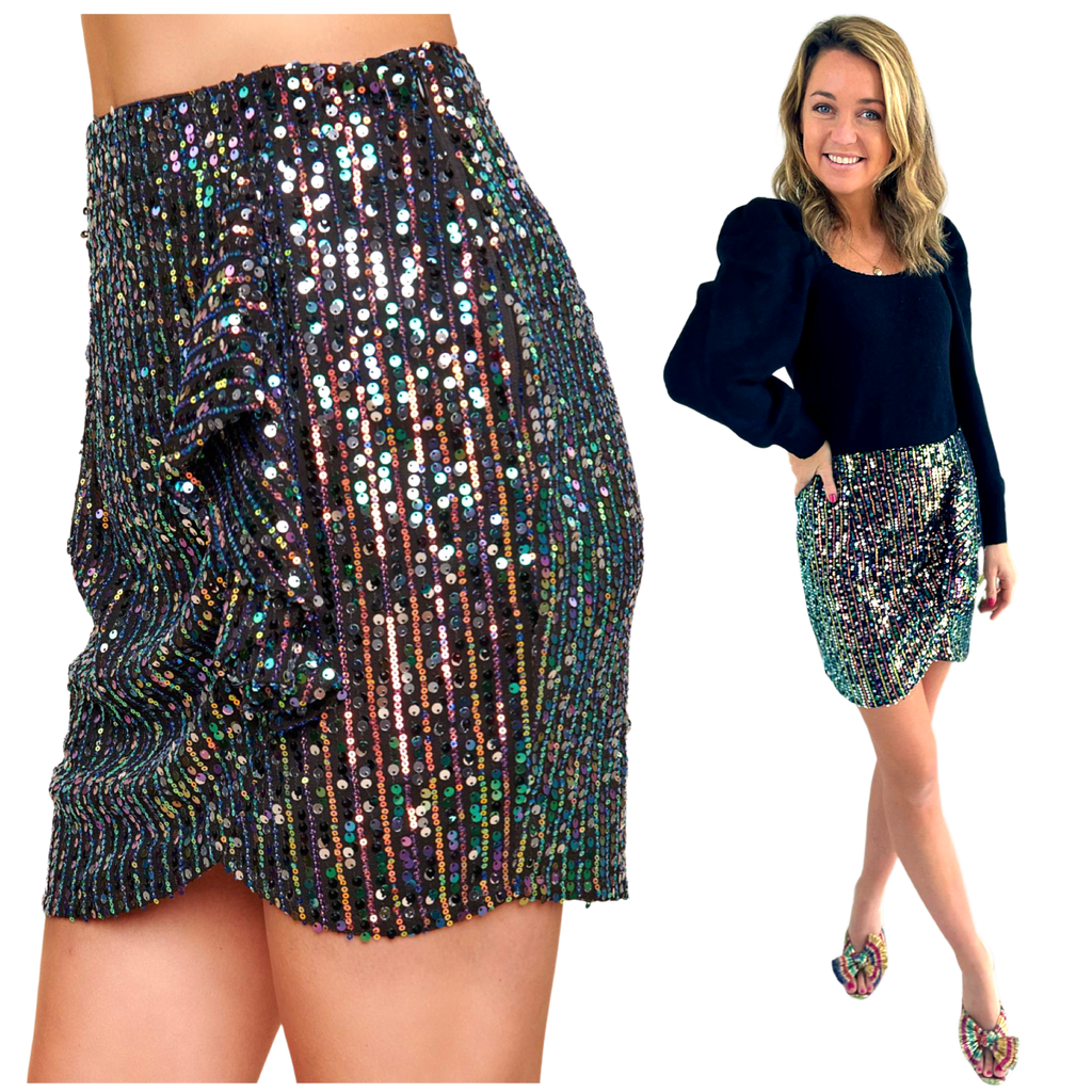 Rainbow Sequin Night Fever Skirt with Asymmetrical Ruffle - James Ascher