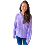 Lucia Cashmere Blend Pointelle Knit Quarter Zip Sweater in French Blue & Lavender