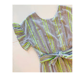 Grey & Neon Stripe Flutter Sleeve Dress with Ruffle Hem & Self Tie Waist