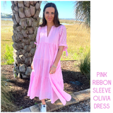 Pink Ribbon Sleeve Textured Olivia Dress