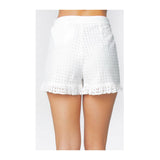 White Eyelet High Waisted Ruffle Hem Shorts with Button Detail