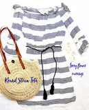 Navy & Paper White Stripe Puff Sleeve Off the Shoulder Dress with Navy Rope Tassel Tie