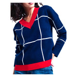 Navy or Black & White Windowpane Sweater with Red Contrast Hem