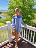 Blue White Wide Stripe Off the Shoulder Tunic Dress with Ruffle Bust & Rear Hem Detail