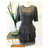 Designer Inspired Metallic Silver Lurex & Black Smocked Waist Ruffle Dress with Keyhole Back