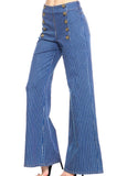 Blue White Pinstripe Denim Sailor Pants with Rear Pockets