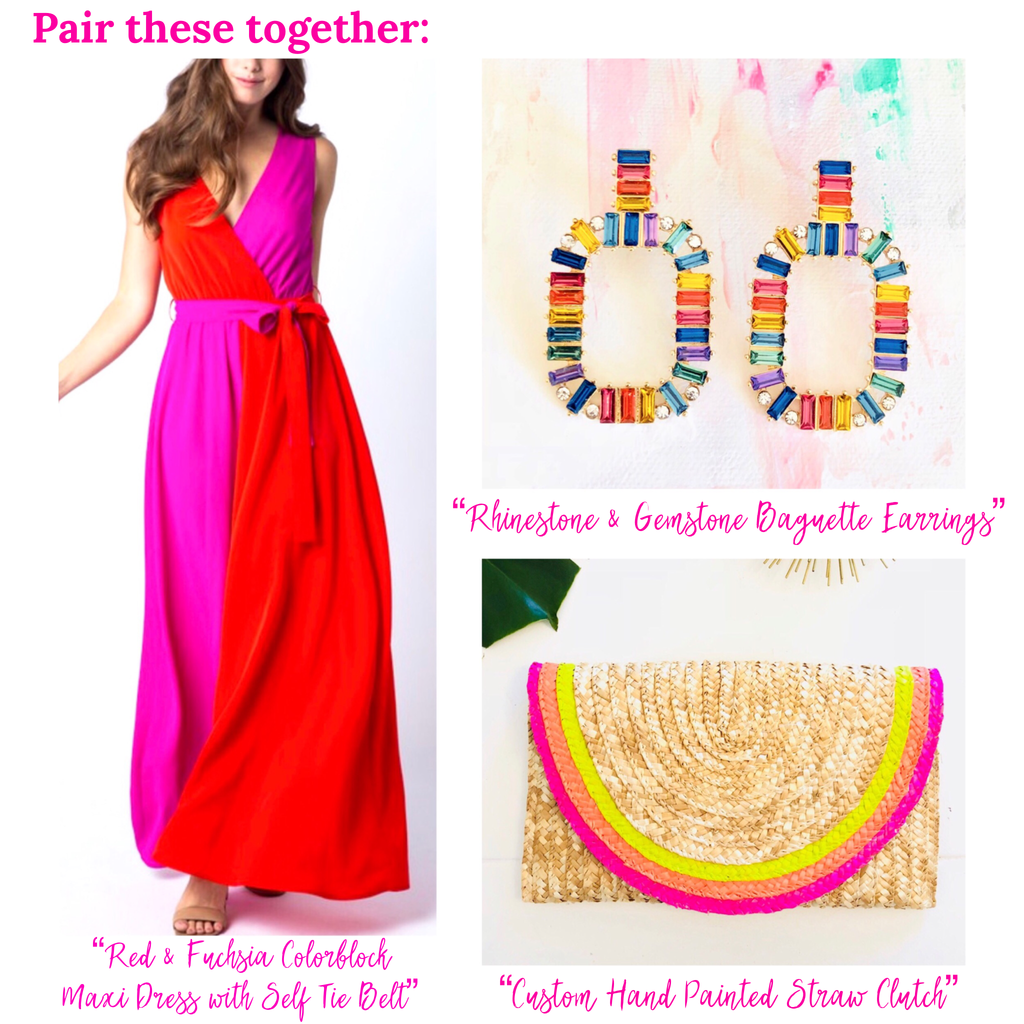 Red & Fuchsia Colorblock Maxi Dress with Self Tie Belt - James Ascher
