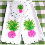 Pink Chinoiserie Palm Kitchen or Guest Towel with Hand Painted Stripes