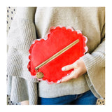 Red Scalloped Vegan Leather Lips Pouch Clutch with Pink Ric Rac Trim & Gold Hardware