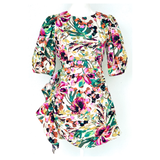 Ivory Green Magenta Multi Floral Puff Sleeve Ruched Dress with Asymmetrical Front Ruffle