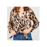 Camel & Black Silky Leopard Print Tie Front Surplice Blouse