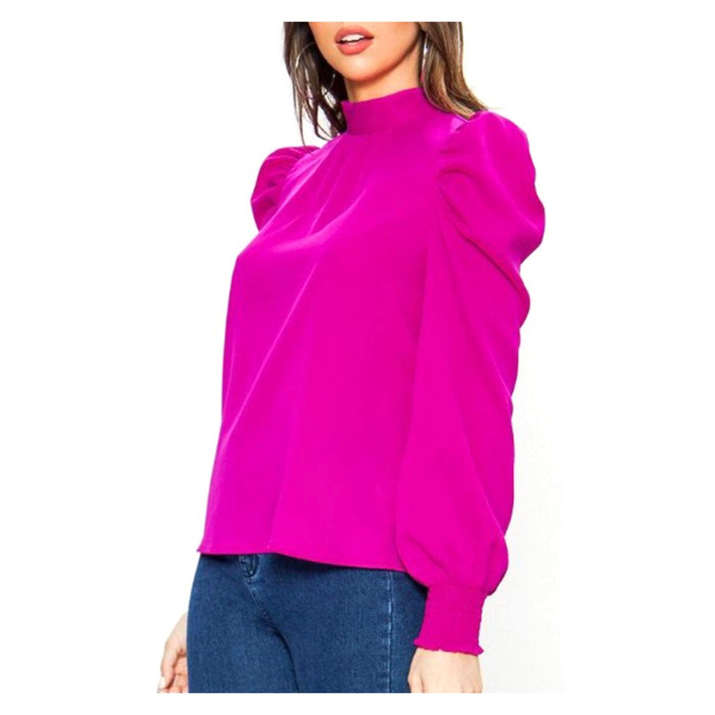Magenta Puff Sleeve Mock Neck Top with Smocked Sleeves & Bow Back ...