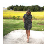 Short Sleeve French Terry Camo Shirtdress with Cuffed Sleeves & POCKETS