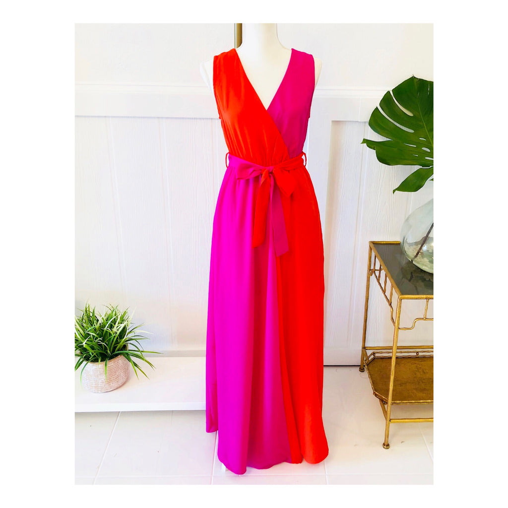 Red & Fuchsia Colorblock Maxi Dress with Self Tie Belt - James Ascher