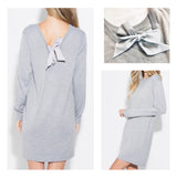 Light Grey Soft Long Sleeve Wool Blend Sweater Dress with Silk Bow Back