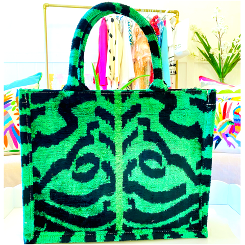 Hand Woven Silk Velvet Ikat Green Tiger Bags
