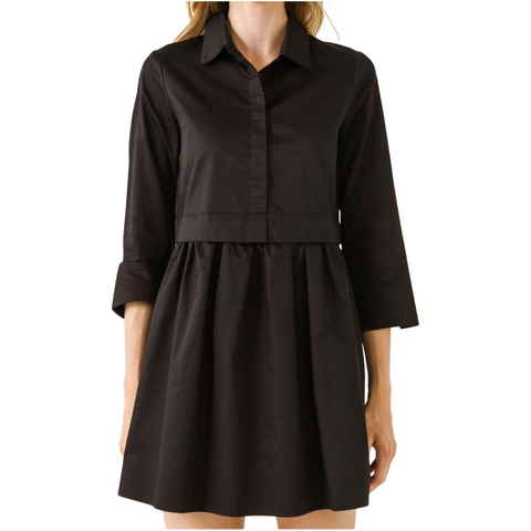 Black or White Cotton 3/4 Sleeve Cece Dress with Gathered Rear Waistband Detail