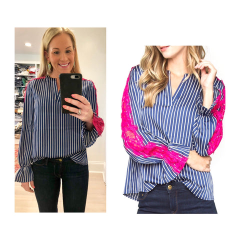 Sapphire Blue Stripe Silky Blouse with Electric Pink Lace Sleeve Contrast