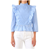 Gingham & Stripe Ruffled Camelia Top with Smocked Neckline