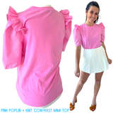 Bubblegum Pink Poplin + Cotton Knit Contrast Ruffled Mimi Top