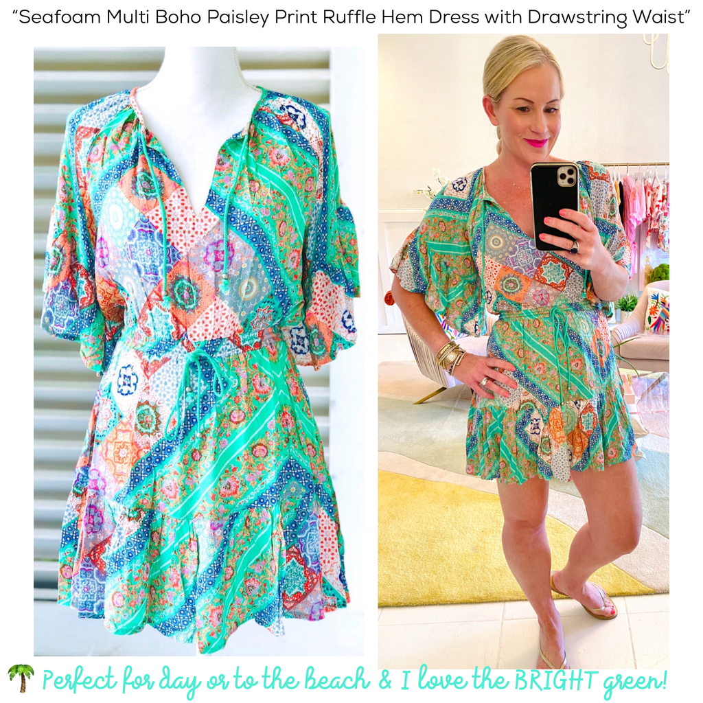 Seafoam Multi Boho Paisley Print Ruffle Hem Dress with Drawstring Waist ...