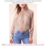 Ivory & Brown Leopard Print Mock Neck Chiffon Blouse with Keyhole Front