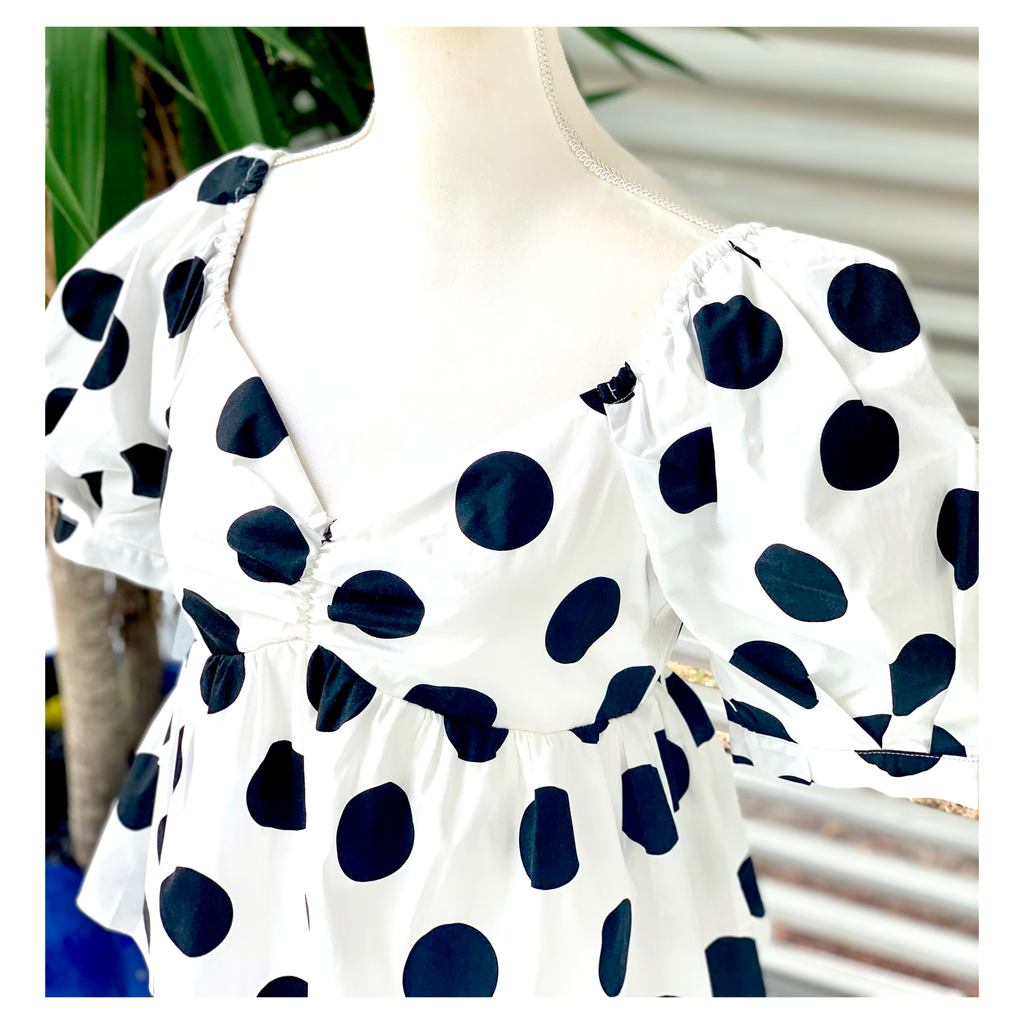 Black & White Cotton Dot Puff Sleeve Peplum Top with Smocked Back ...