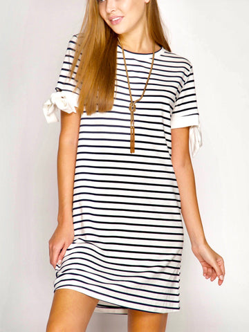 Navy and White Stripe Short Sleeve Dress with Sleeve Ties