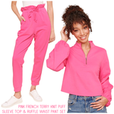 Pink French Terry Knit Puff Sleeve Top & Ruffle Waist Pant Set