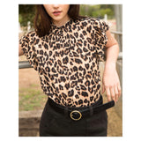 Leopard Print Short Sleeve Mock Ruffle Neck Top with Keyhole Back